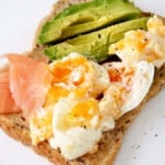 Egg, salmon and avocado on toast.