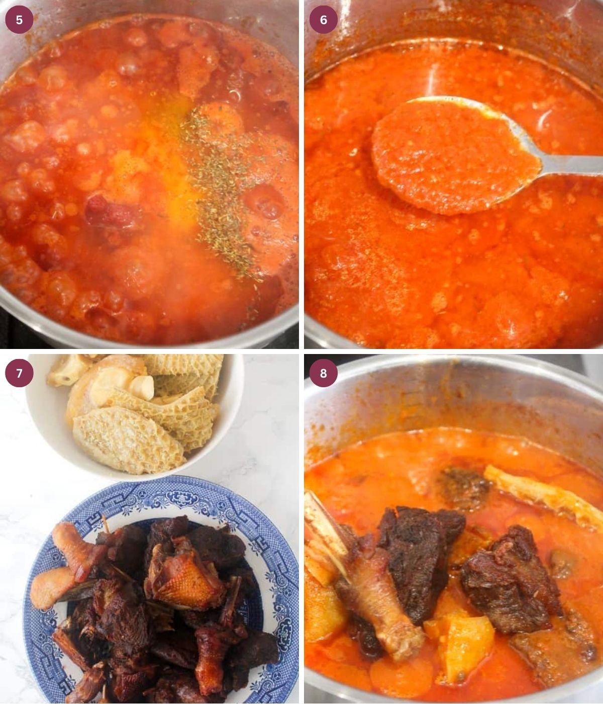 A silver pot with oil and blended tomatoes, seasoning and assorted meat.