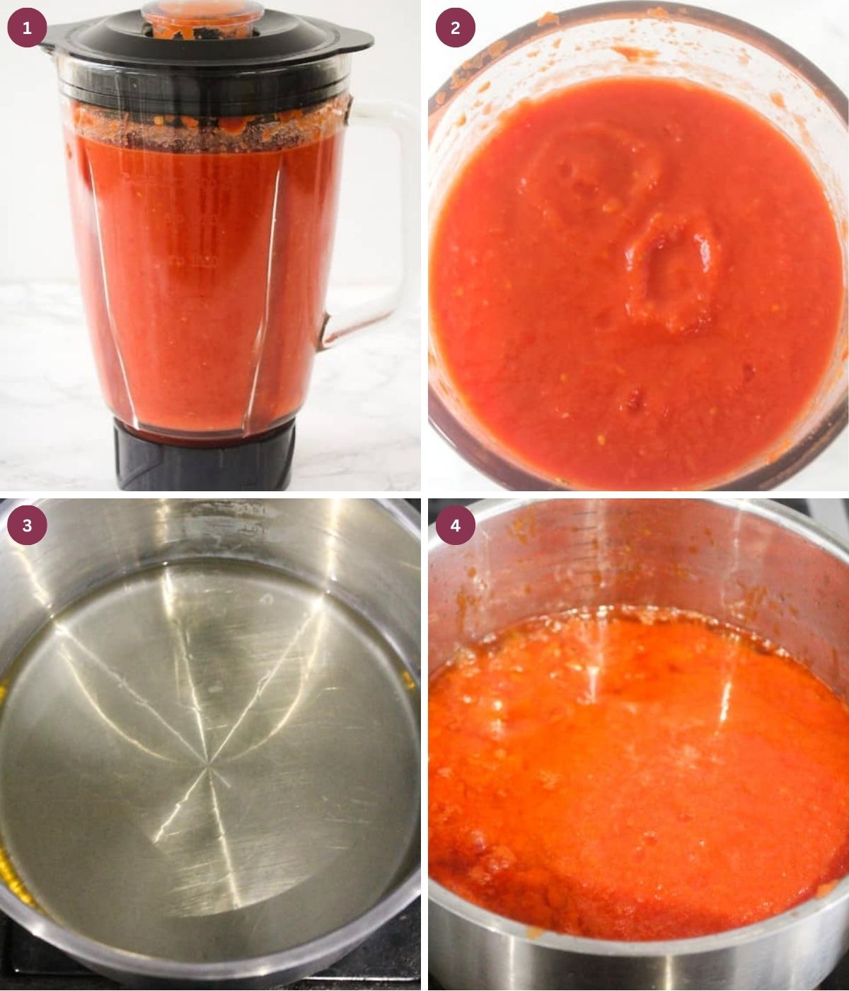 Blended tomato mixture in a silver pot with hot oil and tomatoes. 