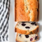 Blueberry loaf on a white plate.