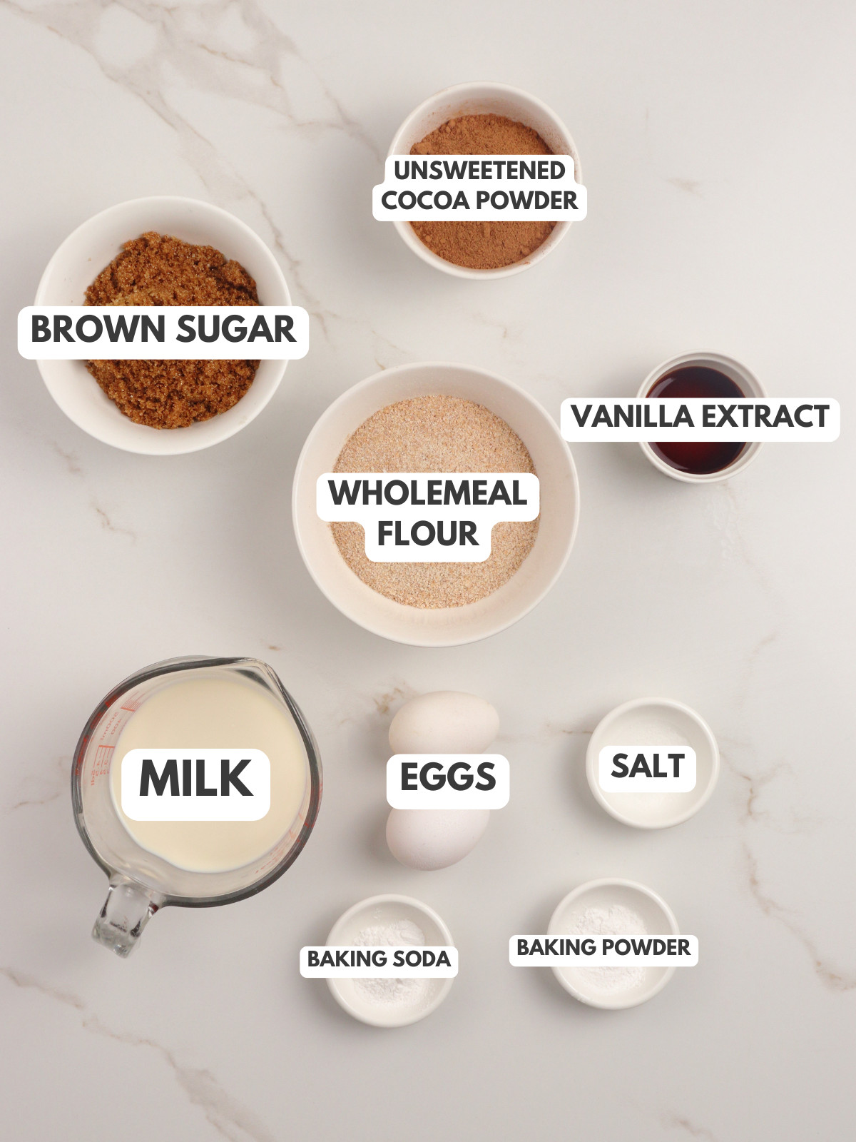 Brown sugar, unsweetened cocoa powder, wholemeal flour, vanilla extract, salt, eggs, milk and baking soda.