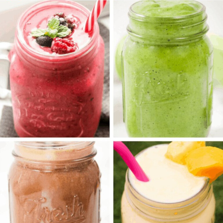Berry smoothie, green smoothie, chocolate smoothie and mango smoothie.