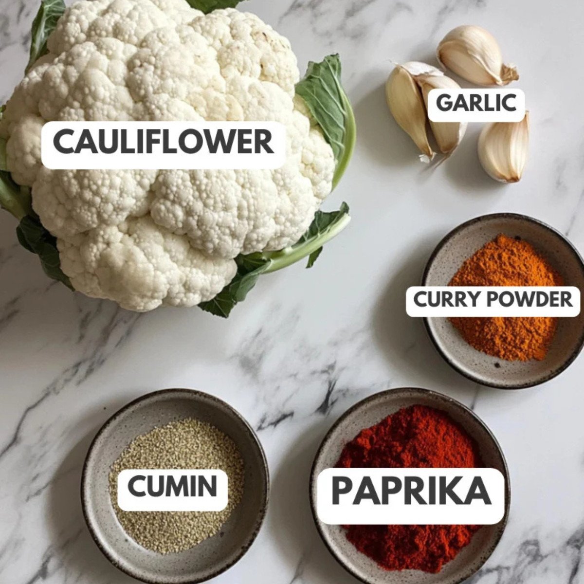 Cauliflower, cumin, paprika, curry and garlic.