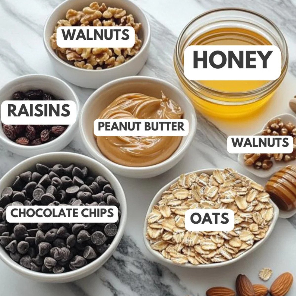 Walnuts, honey, peanut butter, walnuts, oats, chocolate chips and raisins.