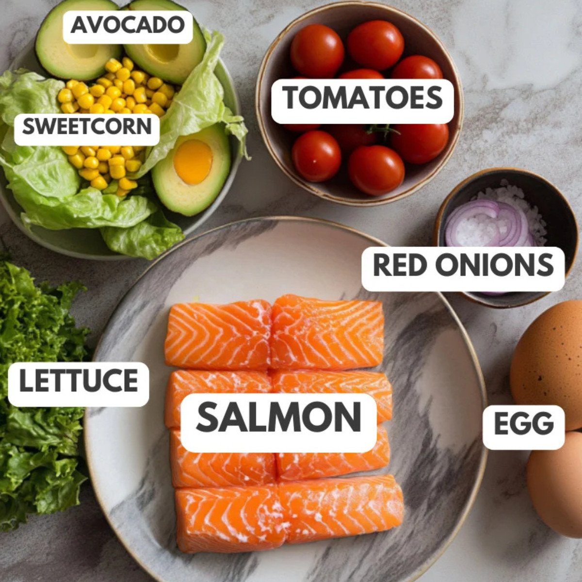 Avocado, sweetcorn, lettuce, salmon, red onions, egg and tomatoes. (1)