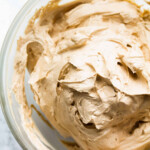 Coffee butter cream in a glass bowl.