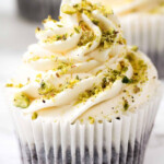 Pistachio, chocolate cup cake, and buttercream.