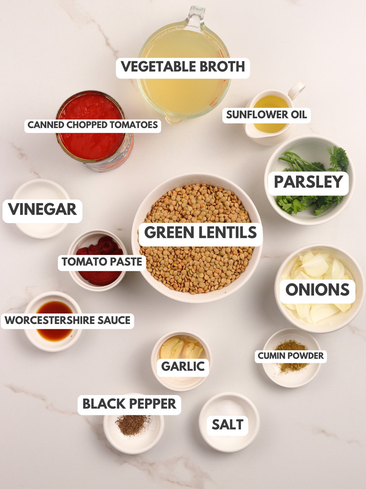 Vegetable broth, chopped tomatoes, oil, green lentils, vinegar, onions, garlic, tomato paste and Worcestershire sauce.