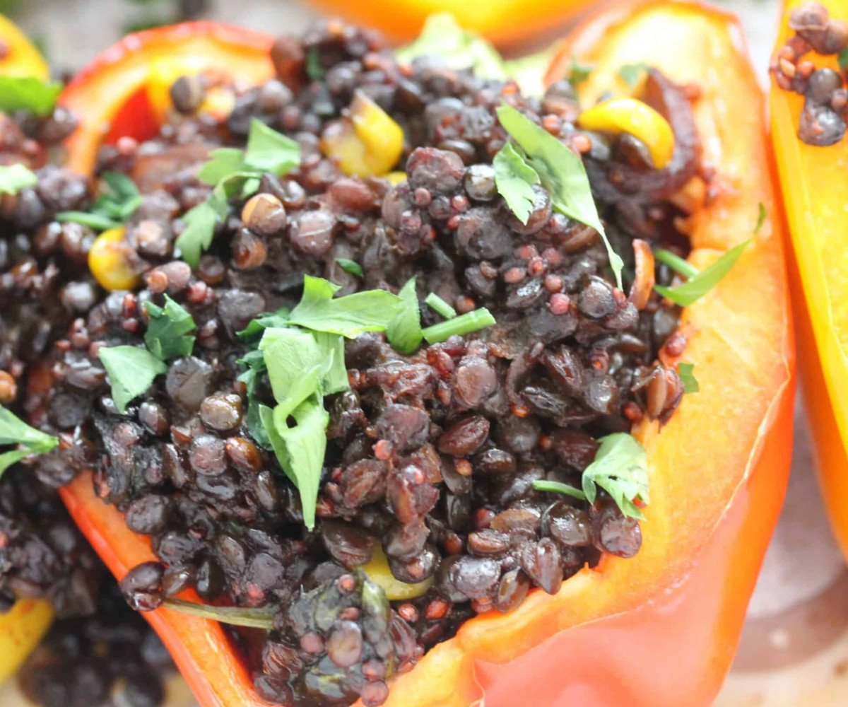 Capsicum peppers stuffed with lentil sauce and quinoa topped with fresh parsley.