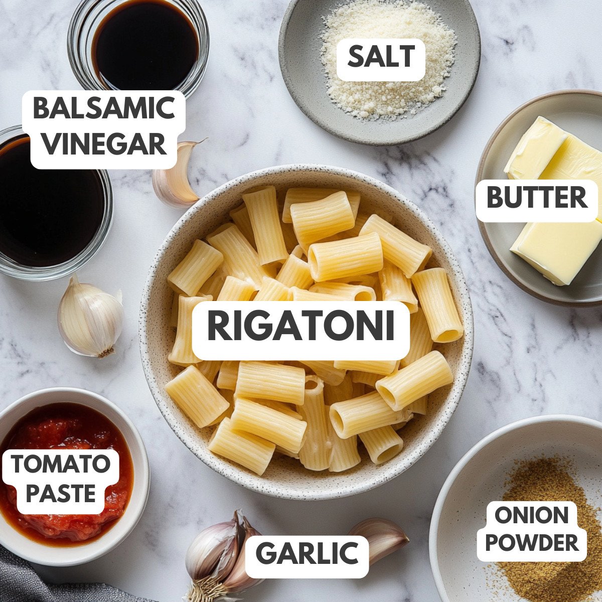Balsamic vinegar, onion powder, garlic, rigatoni, tomato paste and butter.