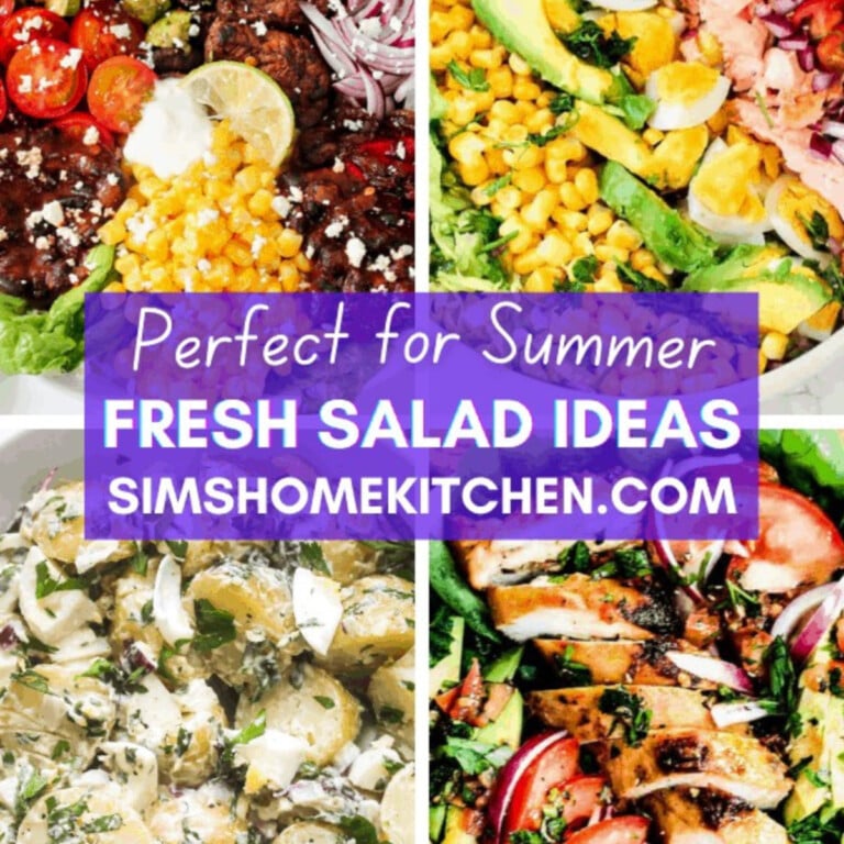 Beef salad, salmon salad, potato salad and chicken salad in a bowl.