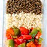 Brown lentills, quinoa and capsicum peppers.