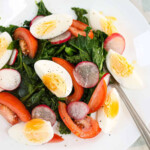Kale, eggs, tomatoes and radishes.