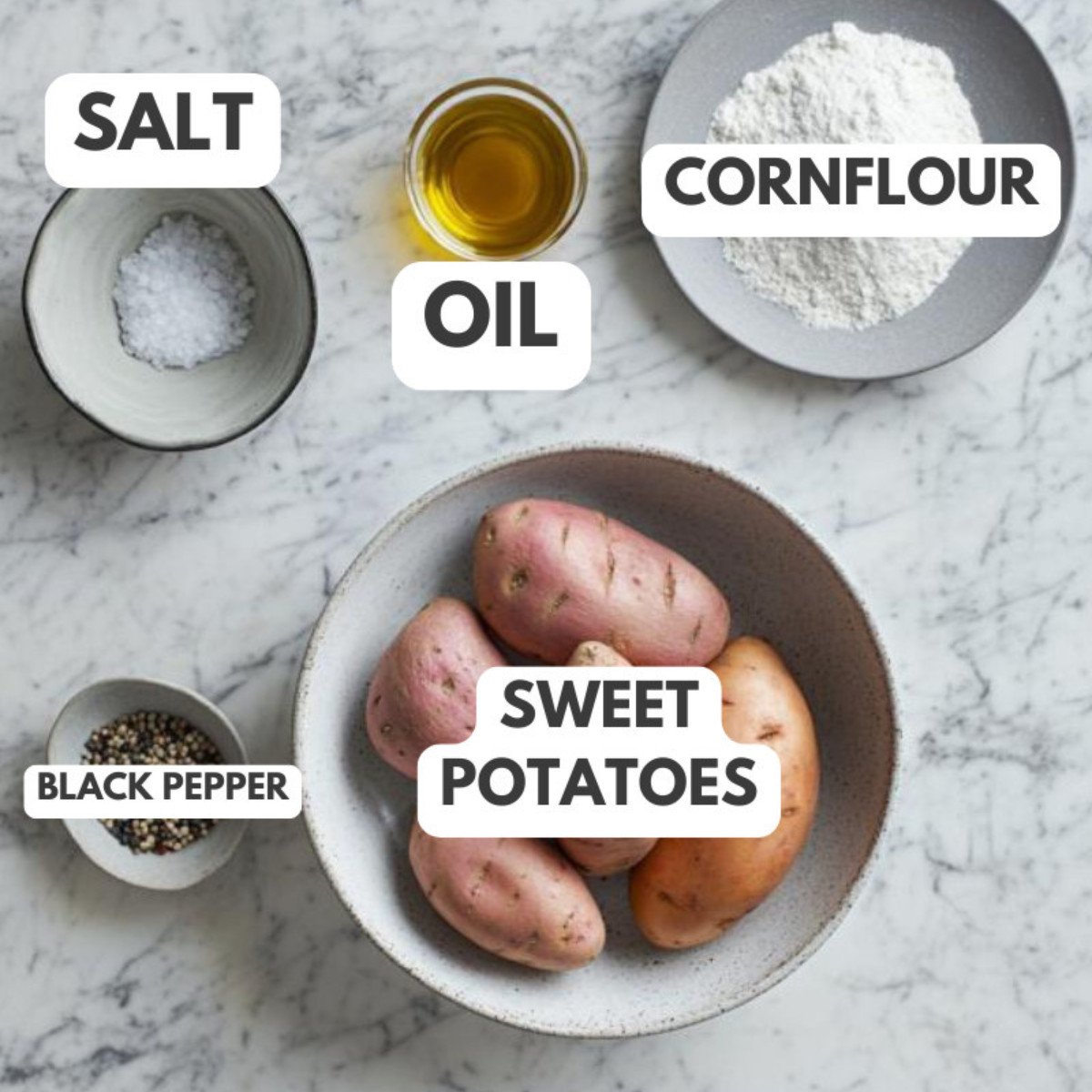 Salt, oil, cornflour, black pepper and sweet potatoes.