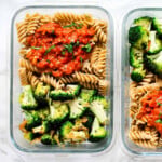 Tomato minced beef sauce with brown pasta and broccoli.