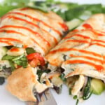 Vegetables wrapped in fried egg.