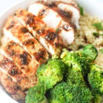 jerk chicken fillet, broccoli and bulgur wheat in a bowl.