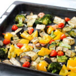shrimp and veggies in a pan.