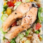 Salmon, tomatoes, quinoa and lettuce.