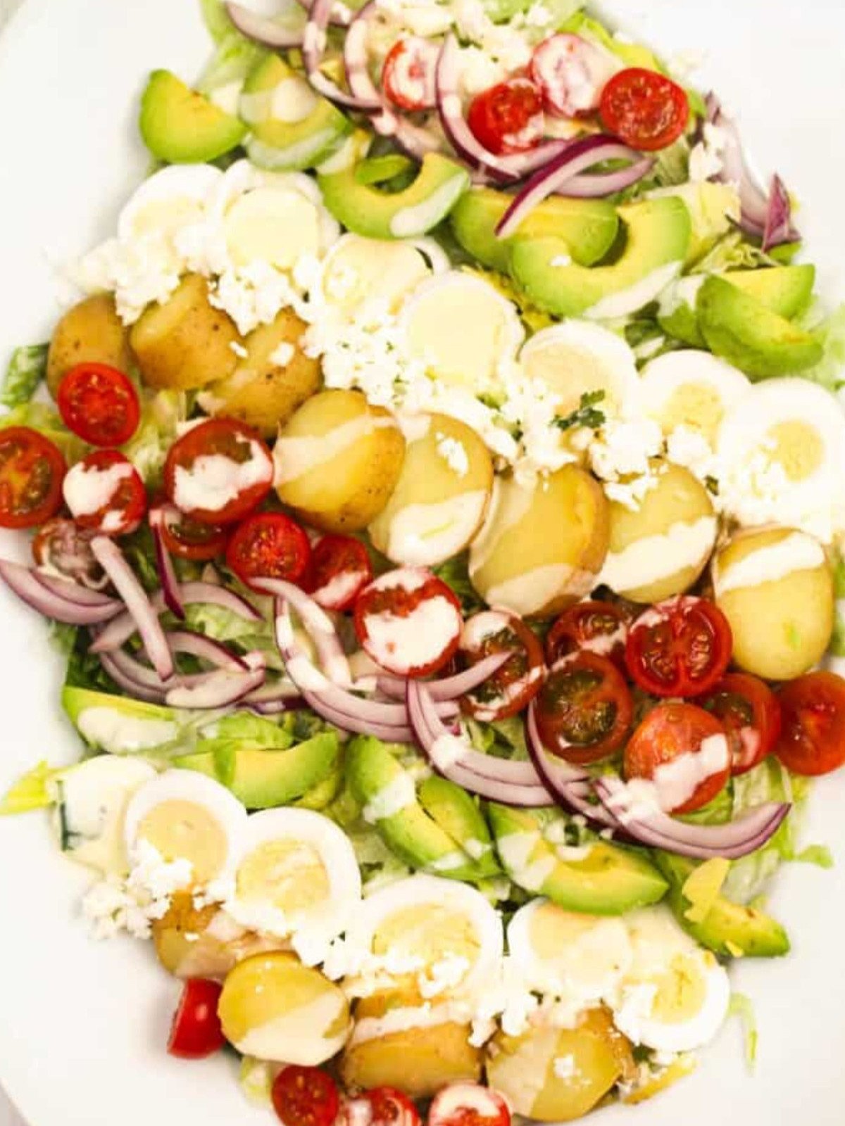 Baby potatoes, avocado, tomato, red onions, dressing and boiled egg on a white plate.