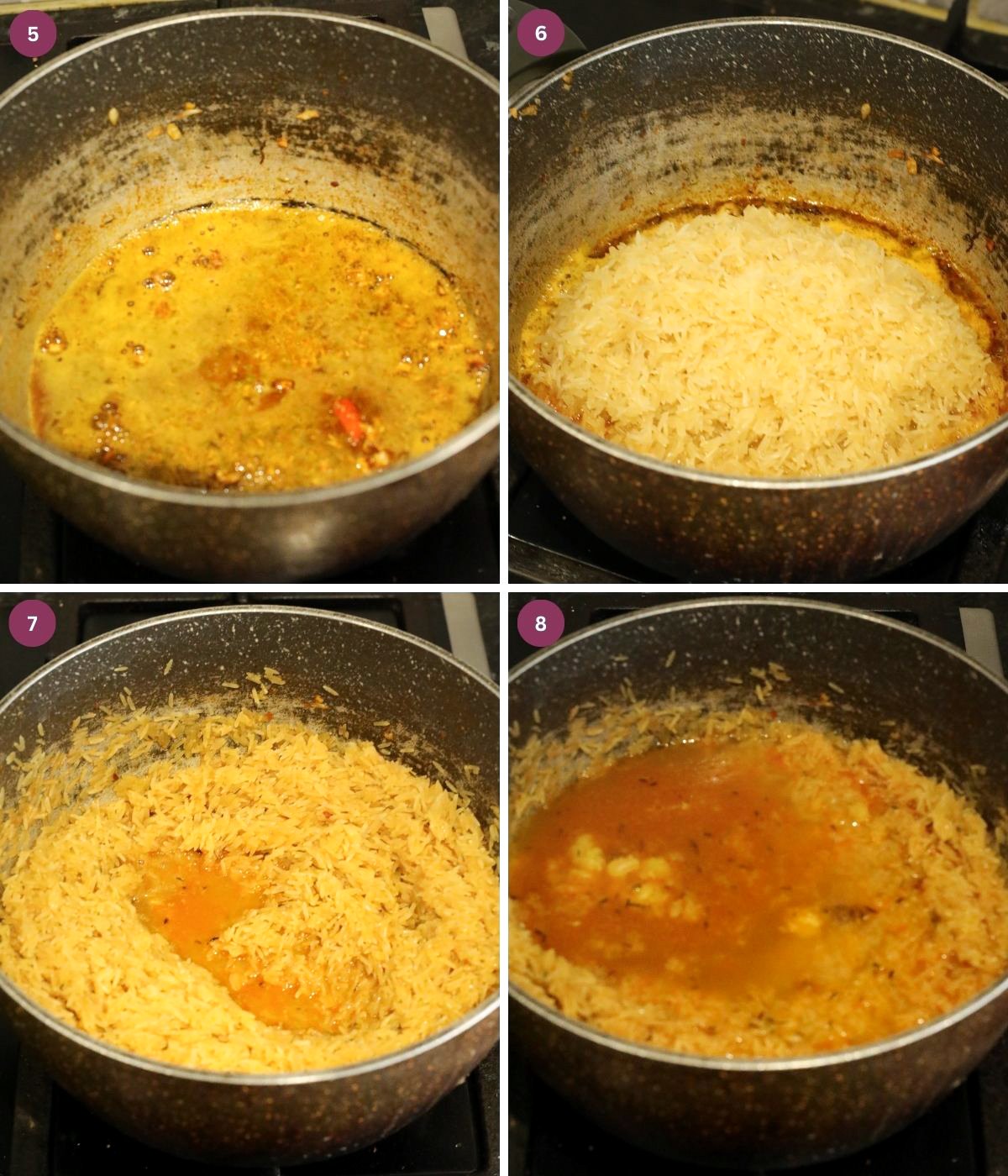 Curry powder, oil, uncooked rice and water cooked in a grey pot.