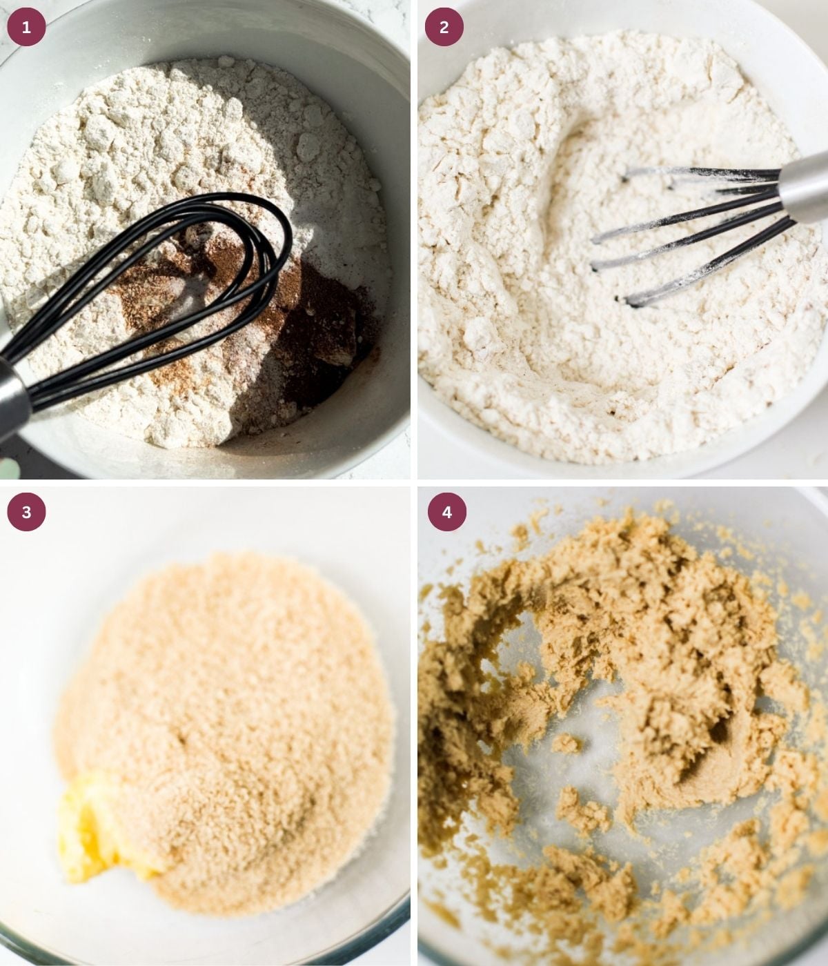 Flour, cinnamon, nutmeg whisked in a bowl. Sugar and butter in a separate bowl.