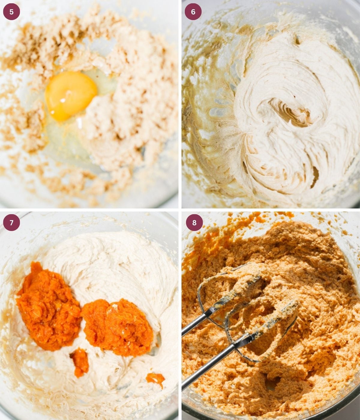 Flour, egg, butter, sugar and pumpkin puree mixed in a bowl.