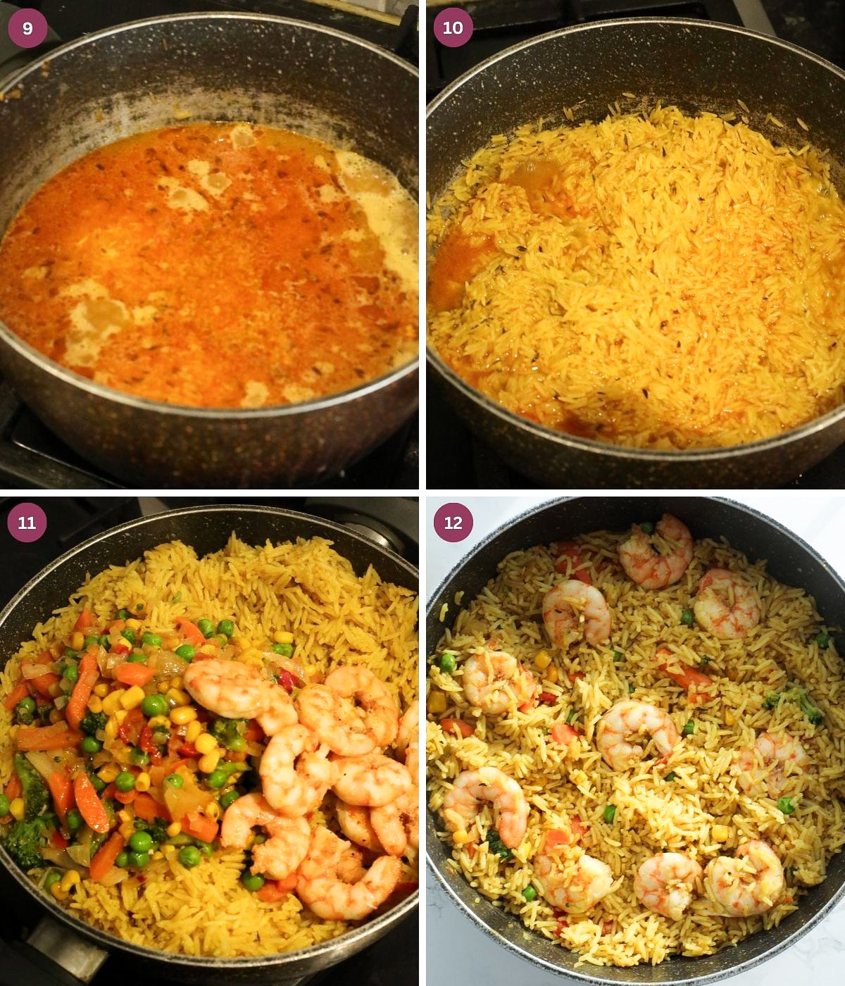 Fried rice, vegetables and shrimp cooked and stirred in a grey pot.