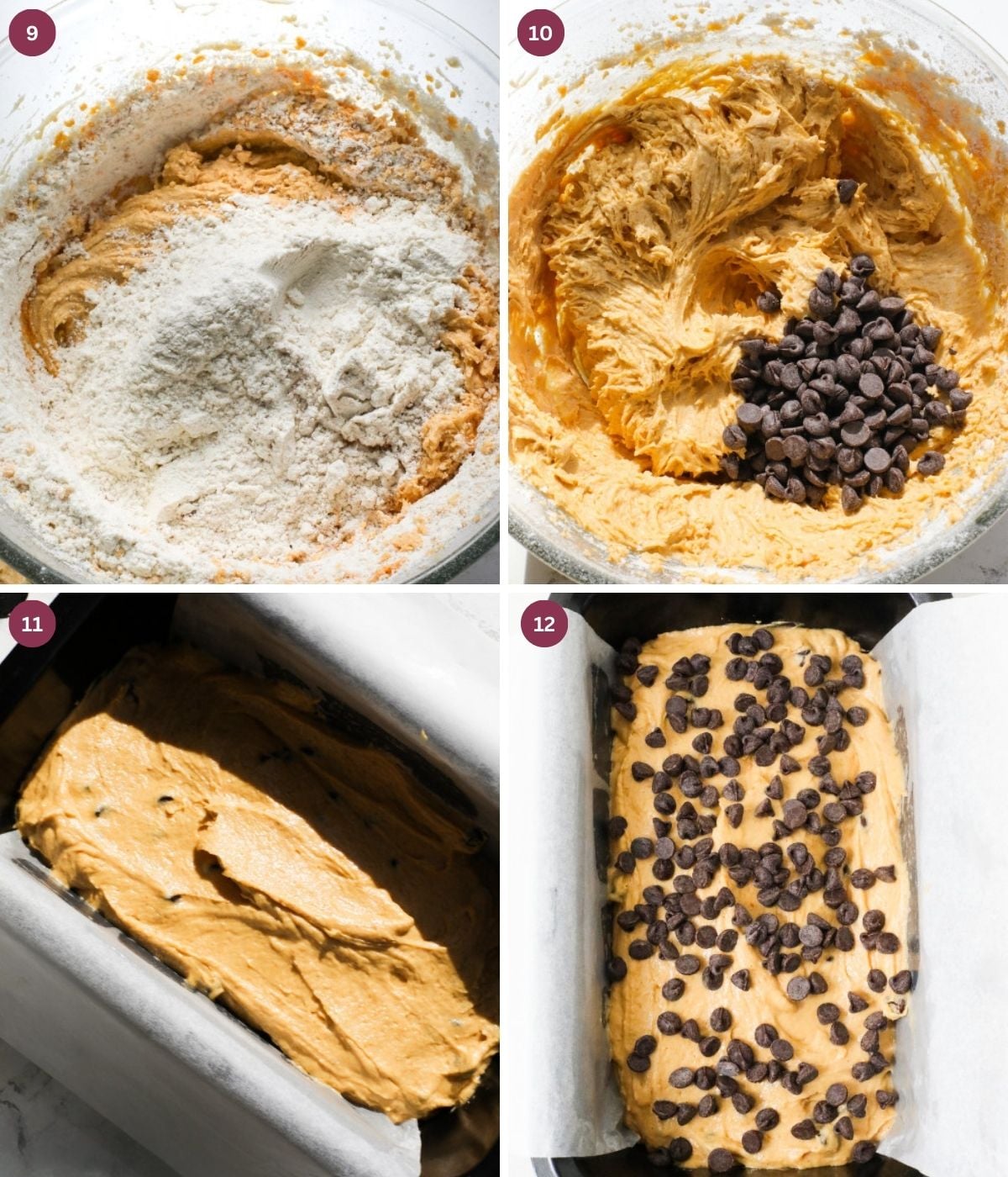 Pumpkin bread batter and chocolate chips mixed in a bowl and in a lined bread tin.
