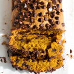 Pumpkin loaf with chocolate chips and slices.
