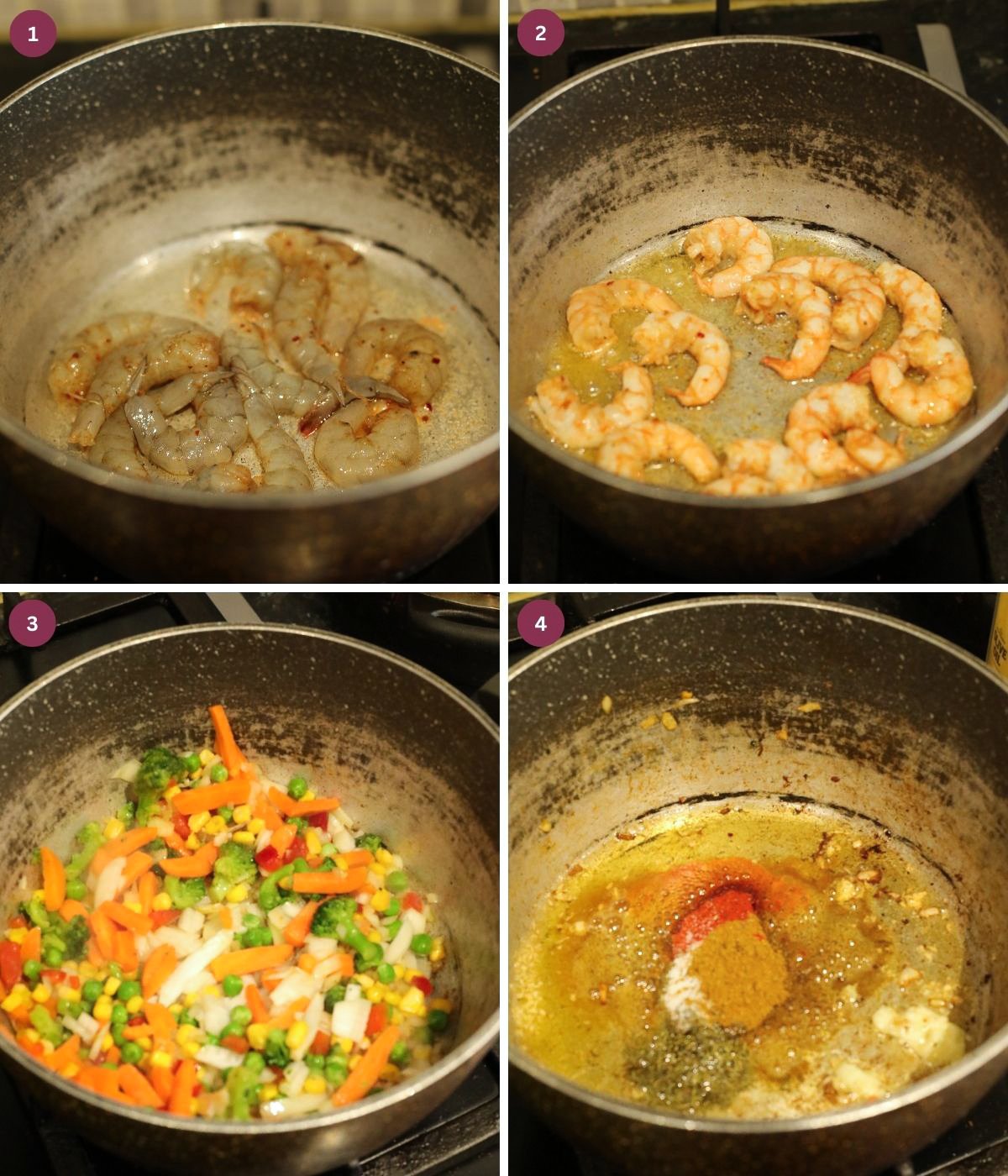Shrimp, vegetables and seasoning cooking in a pot with oil. 