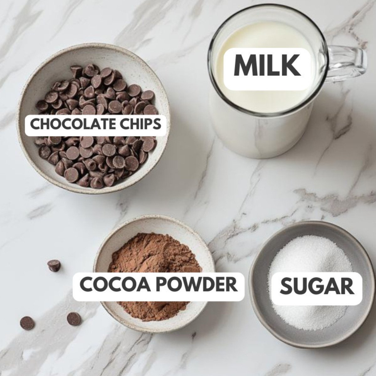 chocolste chips, milk, sugar and cocoa powder.