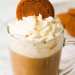 ginger drink in a glass cup with cream and a ginger cookie on top.