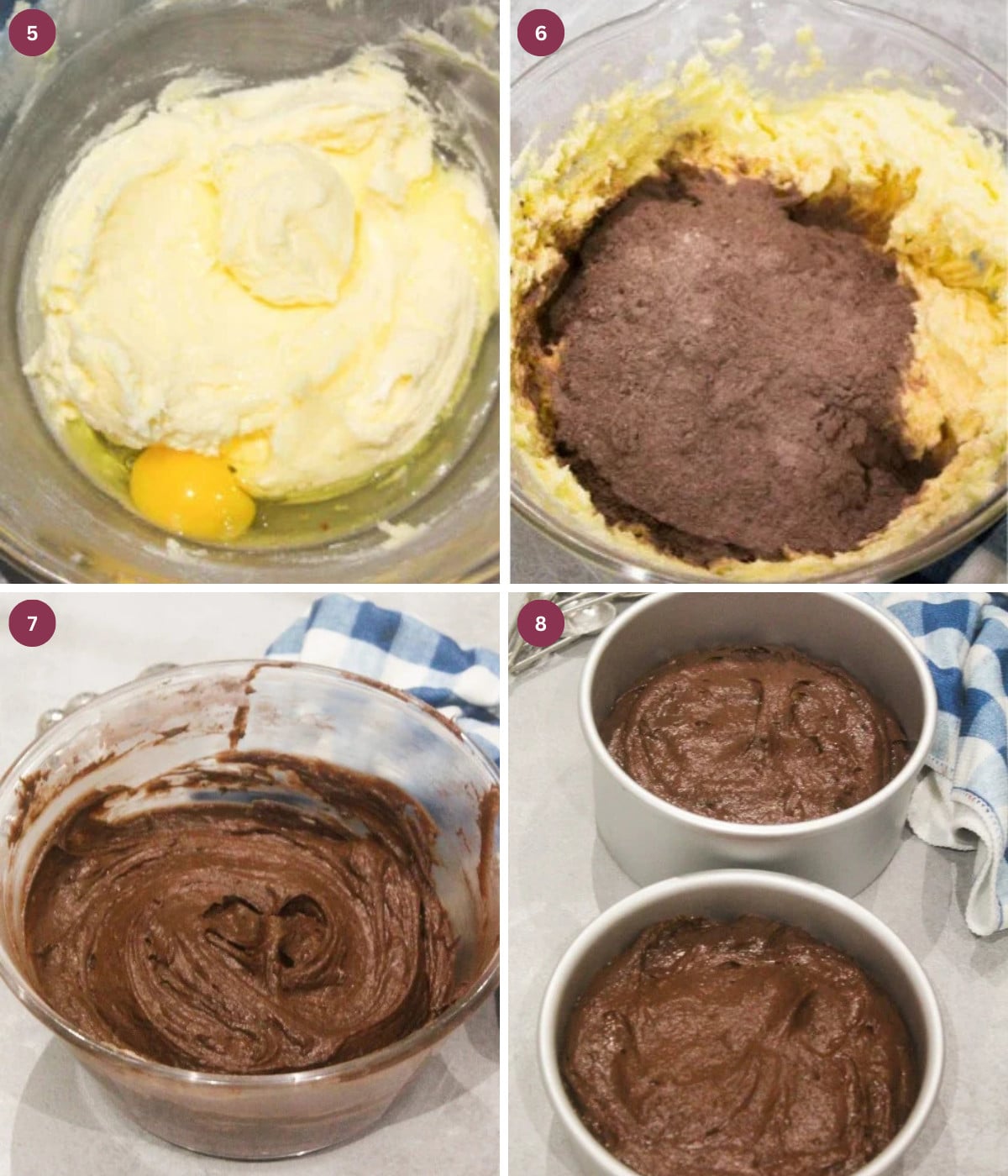 Butter, sugar, cocoa powder and egg whisked in a glass bowl. Chocolate cake batter in two baking tins.