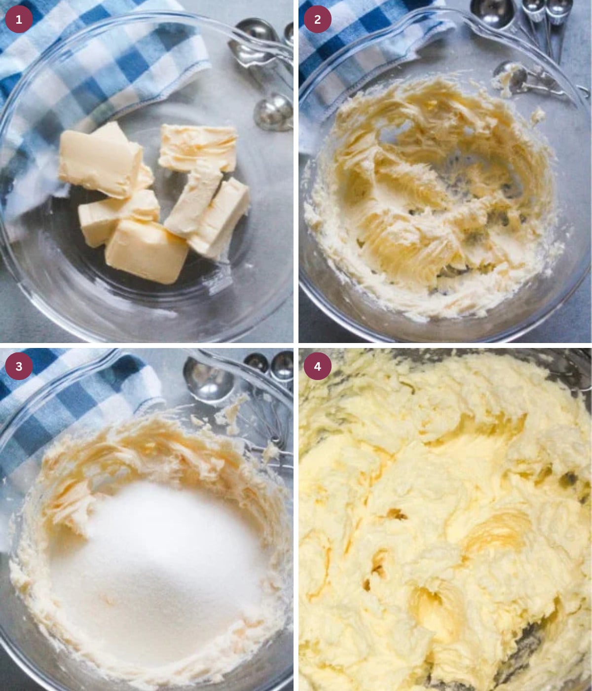 Butter whisked in a glass bowl with sugar.