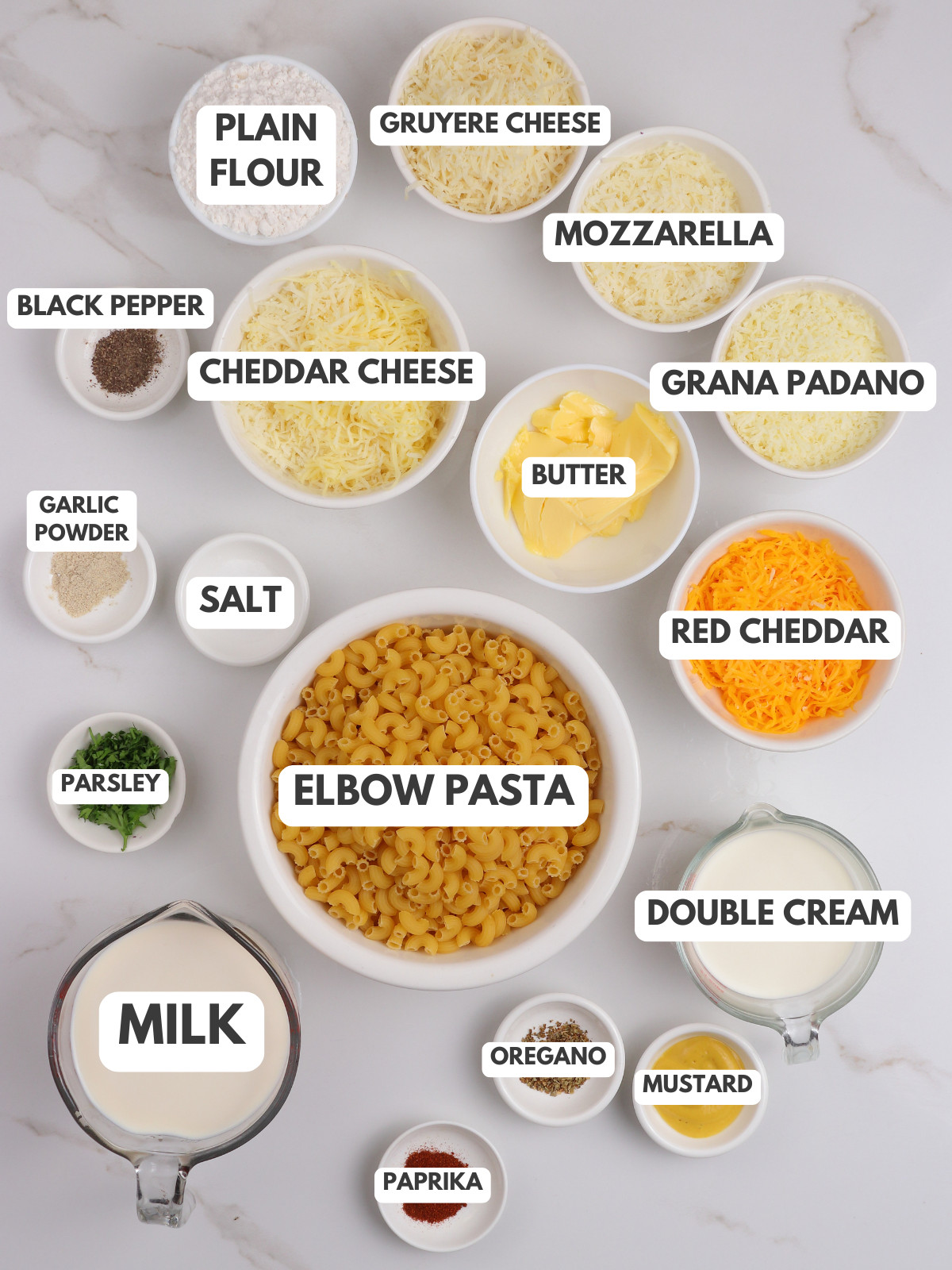 Flour, five cheeses, elbow pasta, butter, double cream, milk, mustard, and seasoning.