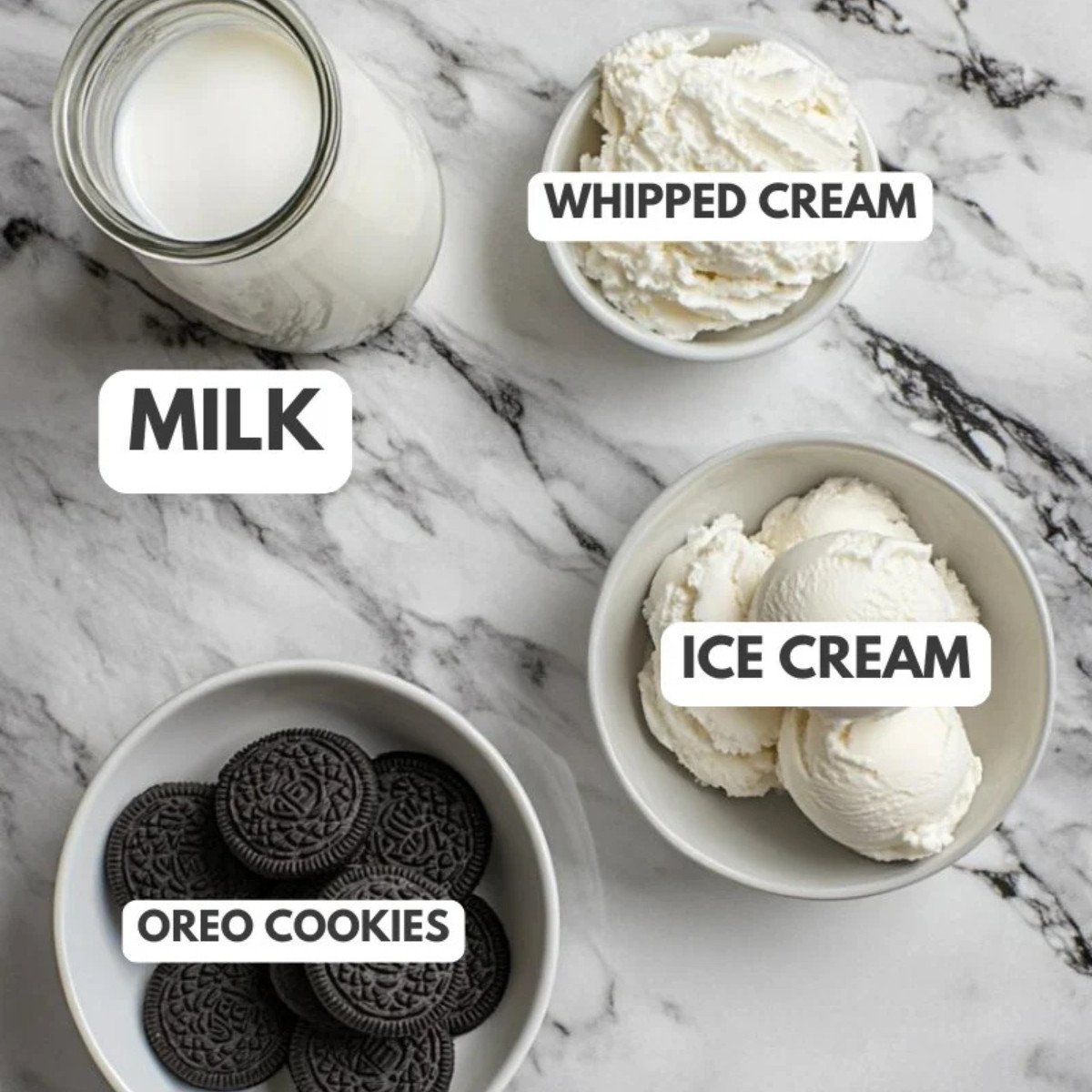 Milk, whipped cream, ice cream and oreo cookies.
