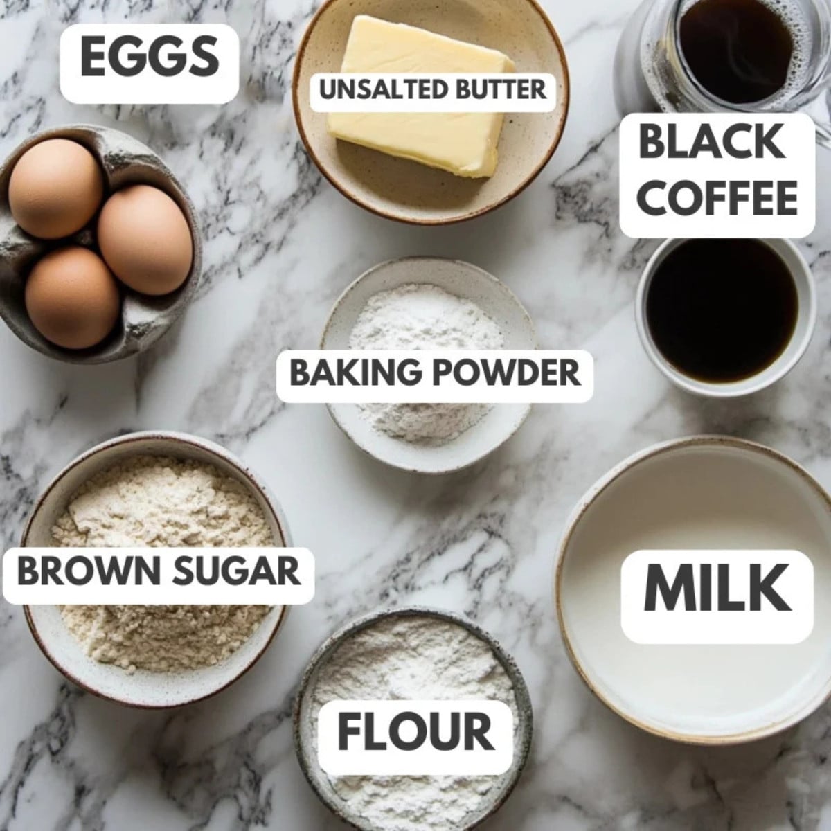 Eggs, unsalted butter, black coffee, milk, flour, brown sugar and baking powder.