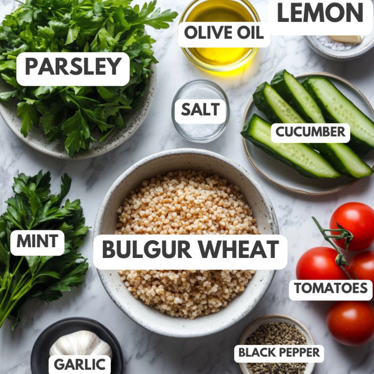 Parsley, olive oil, lemon, salt, culgur wheat, cucumber, tomatoes, mint, garlic and black pepper on a table.