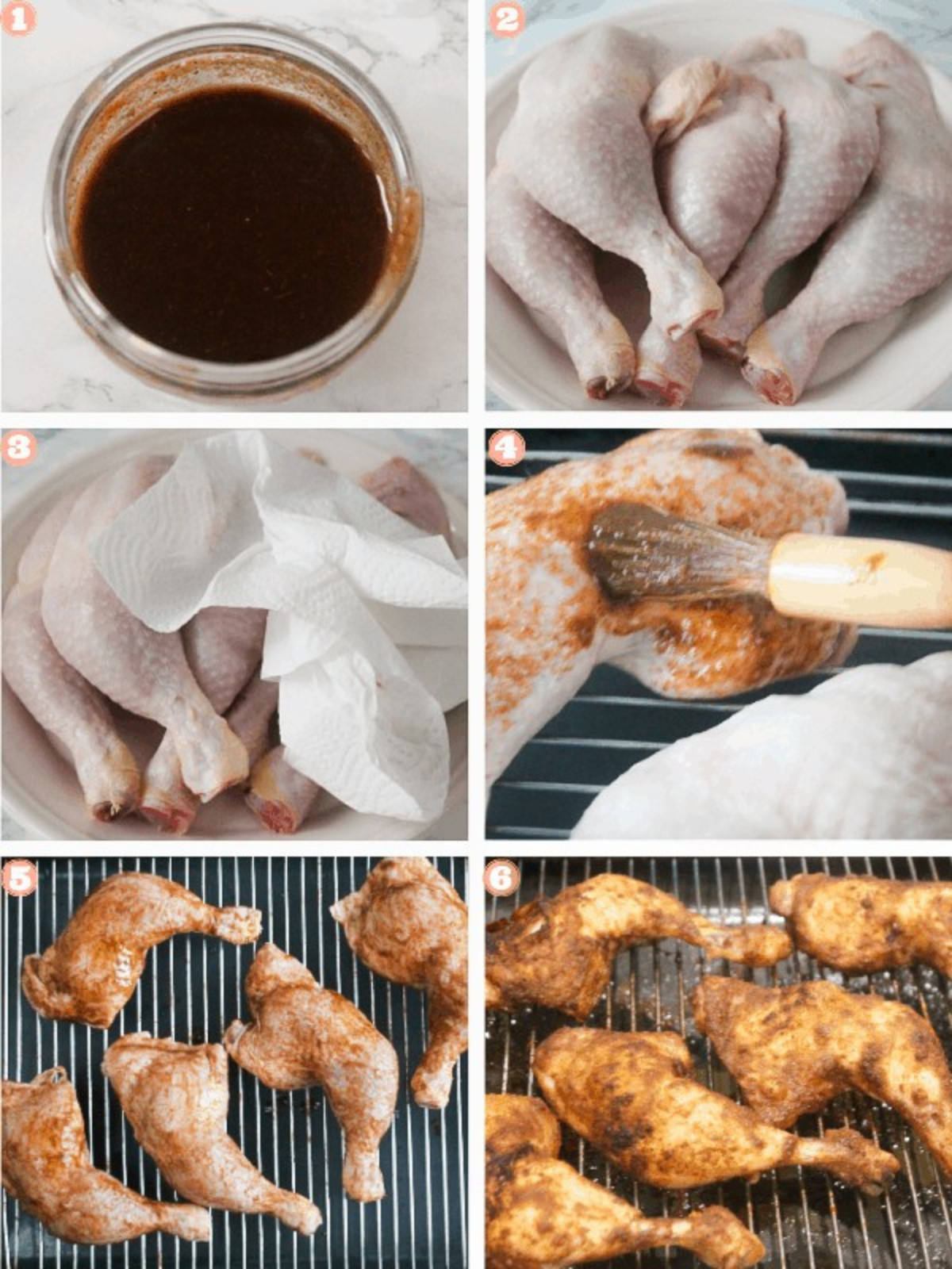 Suya sauce basted on top of chicken legs on a grill.