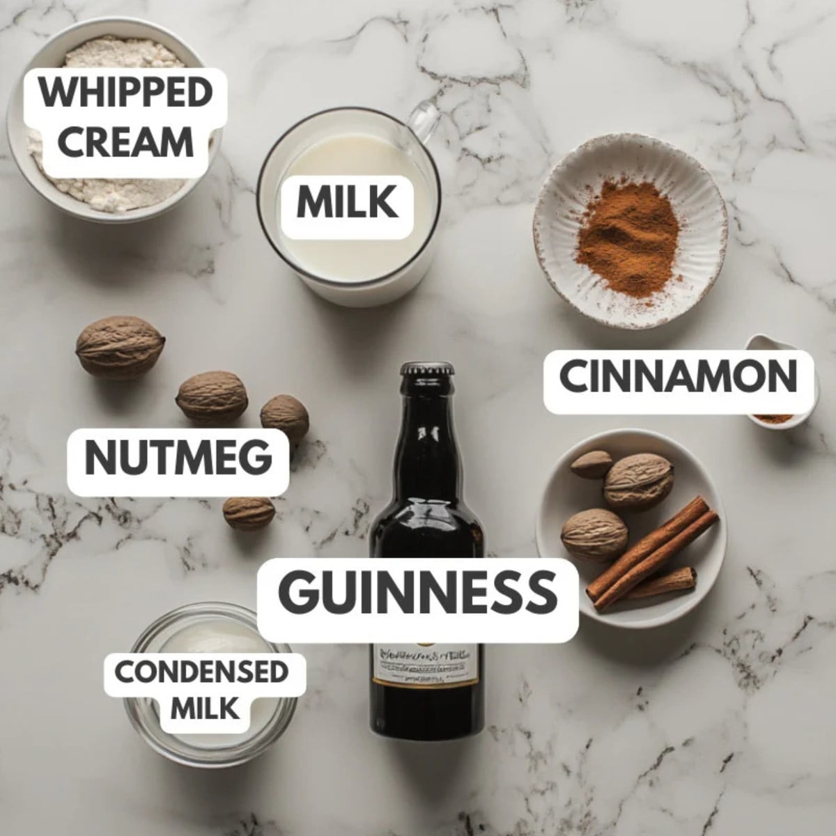 Whipped cream, milk, Guinness, condensed milk, nutmeg and cinnamon.