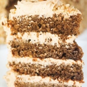 a slice of four layer coffee and walnut cake