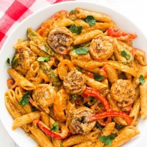 Rasta pasta with shrimp served in a plate