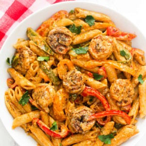 Rasta pasta with shrimp served in a plate