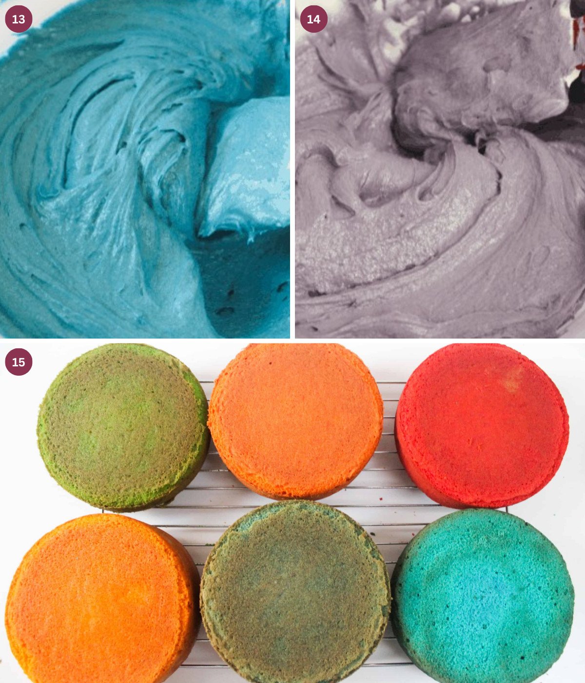 Blue and violet cake batter mixed in separate bowls. Baked layers of rainbow cake on an oven rack.