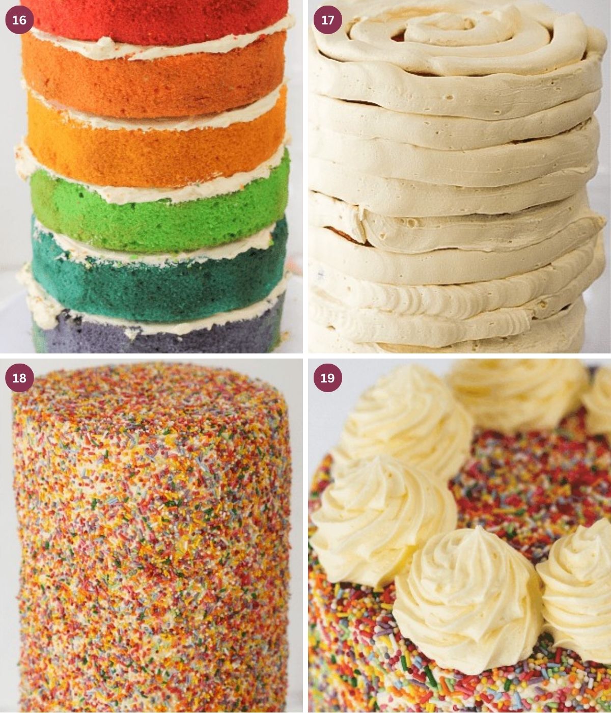 Rainbow cake with vanilla buttercream and sprinkles.