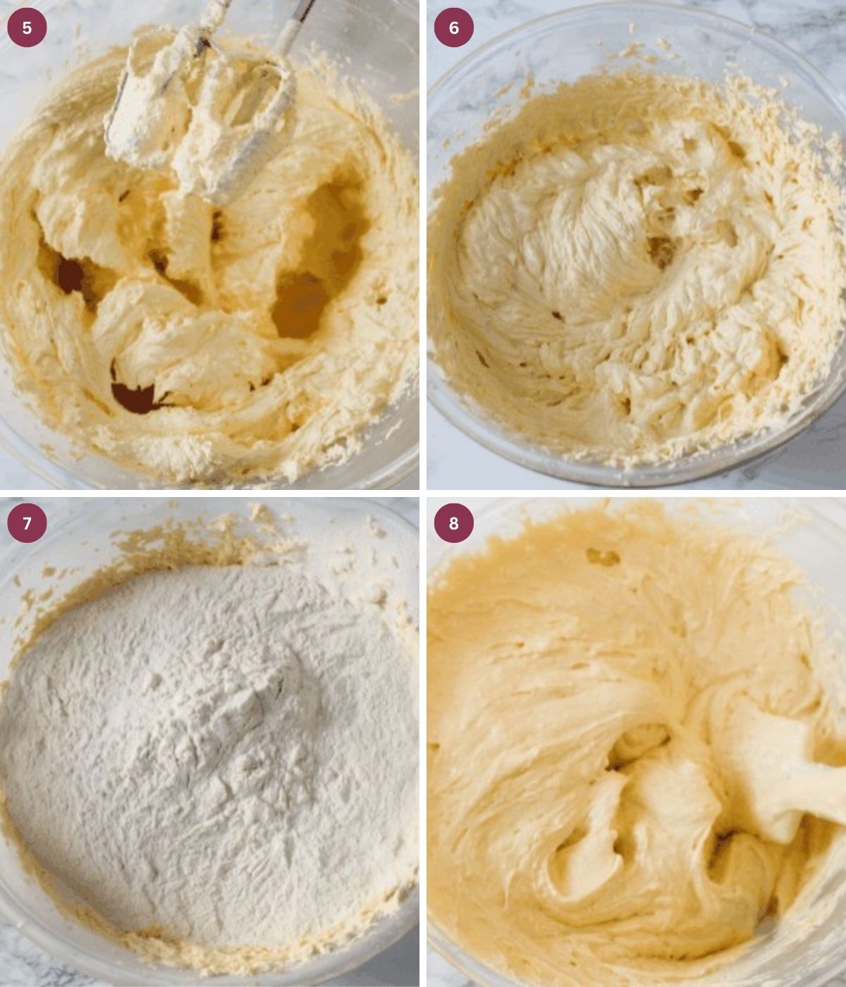 cake batter mixed in a glass bowl with flour.