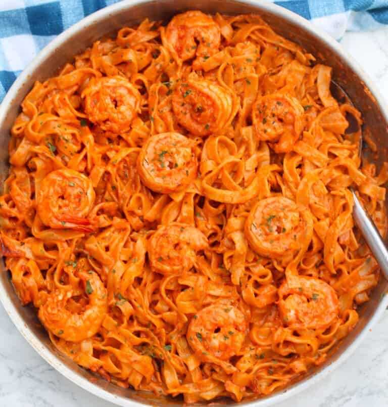 easy creamy tagliatelle tomato shrimp pasta in a pan