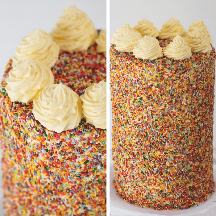 stacked rainbow layer cake with vanilla buttercream coated with sprinkles and buttercream frosting