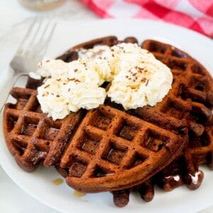 Chocolate waffles with whipped cream, maple syrup and chocolate sprinkles